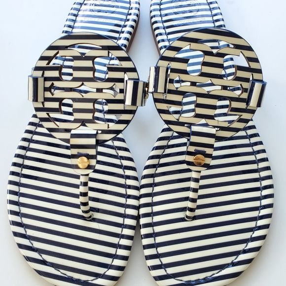 Tory Burch Striped Black and White Sandals - Picture 1 of 5
